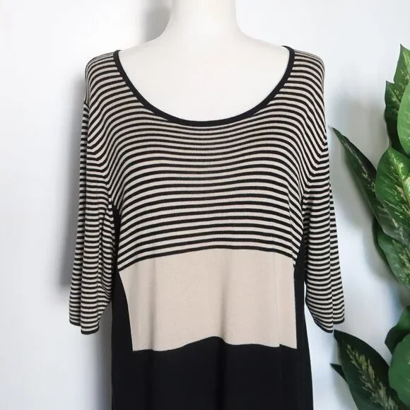 Marina Rinaldi Black Beige Viscose Wool Cashmere Striped Knit Shift Midi Dress - Picture 8 of 11